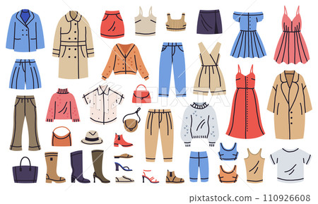 Fashion clothes. Trendy clothing, shoes and bags, stylish outfits and accessories, sweater, jeans, jacket, coat and dress cartoon vector illustration set. Trendy fashion clothes Fashion clothes. Trendy clothing, shoes and bags, stylish outfits and accessories, sweater, jeans, jacket, coat and dress cartoon vector illustration set. Trendy fashion clothes 110926608
