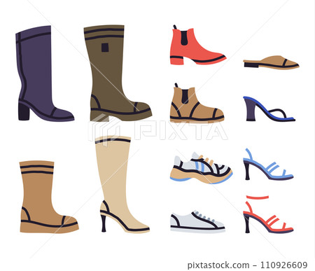Fashion female shoes, boots, sneakers, sandals. Doodle casual womens footwear, modern vector illustration set. Cartoon stylish shoes Fashion female shoes, boots, sneakers, sandals. Doodle casual womens footwear, modern vector illustration set. Cartoon stylish shoes 110926609