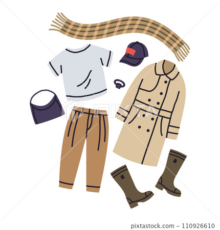 Fashion spring or fall outfit. Modern casual look, trench coat, pants, boots and accessories cartoon vector illustration. Stylish female wardrobe clothes 110926610
