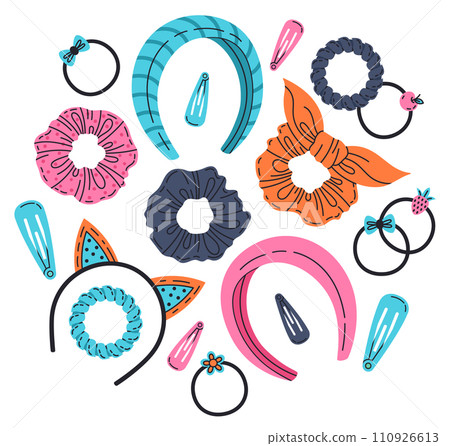 Hand drawn hair accessories. Female hair hoops, scrunchies, headbands, hair tie and elastic bands flat vector illustration set. Hair accessory doodle collection Hand drawn hair accessories. Female hair hoops, scrunchies, headbands, hair tie and elastic bands flat vector illustration set. Hair accessory doodle collection 110926613