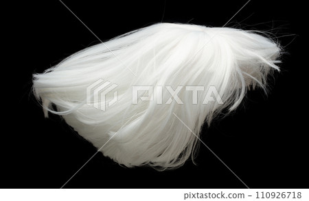 Short straight Wig hair style fly fall explosion. White woman wig wave hair float in mid air. Straight white curl wig hair wind blow cloud throw. Black background isolated high speed freeze motion Short straight Wig hair style fly fall explosion. White woman wig wave hair float in mid air. Straight white curl wig hair wind blow cloud throw. Black background isolated high speed freeze motion 110926718