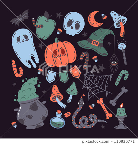 Hand drawn Halloween spooky symbols. Fall holidays elements, pumpkin, skull, poison, ghost, witch cauldron and magic wand. Doodle scary autumn vector icons set 110926771