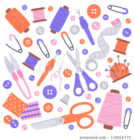 Needlework sewing hand drawn tools. Doodle scissors, buttons, needles and thread spools. Sewing tools cartoon vector illustration icons set 110926773