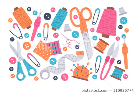 Needlework, sewing and stitching doodle supplies. Doodle buttons, scissors, needles and thread spools, sewing tools cartoon vector illustration icons set 110926774