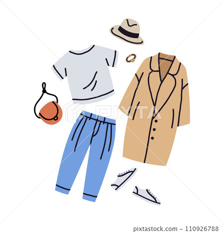 Trendy female clothing casual outfit. Fashion wardrobe stylish look, jeans, coat, sneakers and hat cartoon vector illustration. Trendy casual garments Trendy female clothing casual outfit. Fashion wardrobe stylish look, jeans, coat, sneakers and hat cartoon vector illustration. Trendy casual garments 110926788