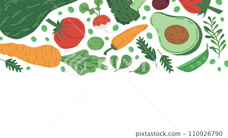 Vegetables organic food pattern. Farmer organic doodle vegetables shop background vector illustration. Tomato, pepper, carrot vegetarian food cartoon backdrop Vegetables organic food pattern. Farmer organic doodle vegetables shop background vector illustration. Tomato, pepper, carrot vegetarian food cartoon backdrop 110926790