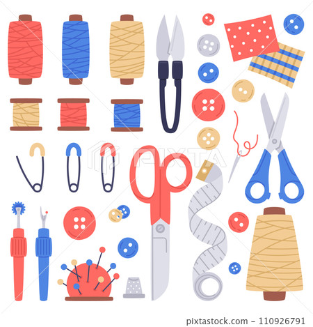 Sewing, needlework doodle tools. Hand drawn scissors, needles, buttons, thread spools. Cartoon sewing tools vector illustration set Sewing, needlework doodle tools. Hand drawn scissors, needles, buttons, thread spools. Cartoon sewing tools vector illustration set 110926791