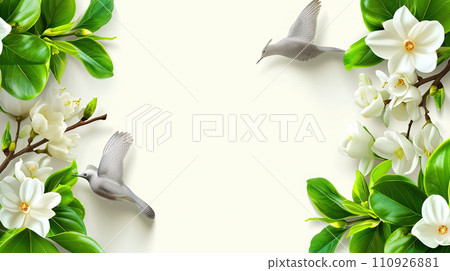 Romantic spring background with birds and flowers. Two gray birds on a background of white flowers. 110926881