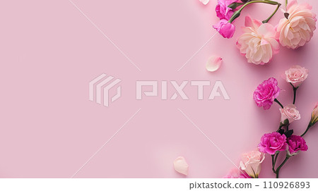 Beautiful flowers composition on pink background. Flat lay, top view. Beautiful flowers composition on pink background. Flat lay, top view. 110926893