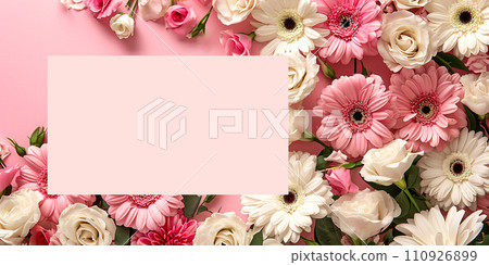 White and pink gerberas on a pink background with space for text White and pink gerberas on a pink background with space for text 110926899