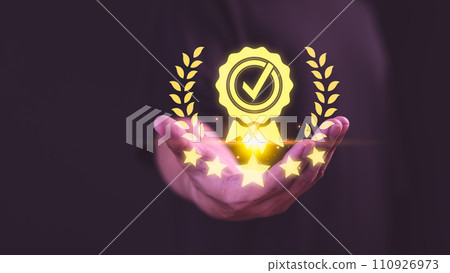 Male hand showing the best quality guarantee with five stars. Testimonial, Assurance, Standards, ISO Certification, Review, Feedback and Certification Concept. Assessment quality of business service. Male hand showing the best quality guarantee with five stars. Testimonial, Assurance, Standards, ISO Certification, Review, Feedback and Certification Concept. Assessment quality of business service. 110926973