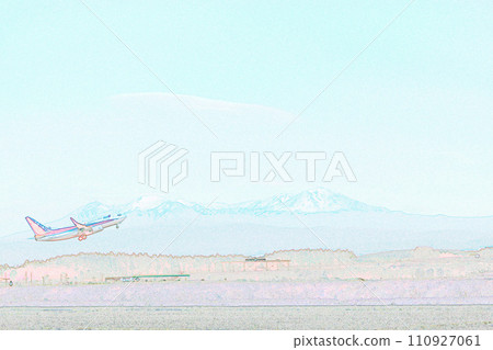 Pastel style “Daisetsuzan mountain range and plane taking off” illustration image 110927061