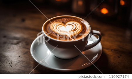 Cup of coffee latte with heart shape and coffee beans on old wooden background 110927174