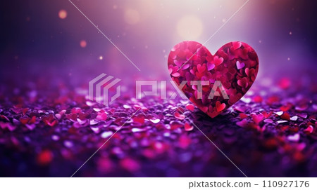 Close up pink sparkly hearts on the table with bokeh background. Valentine's Day background and texture. 110927176