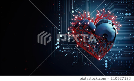Mechanical heart in pieces on dark background. Android heart, robotic love. Breakup concept separation and divorce. 110927183