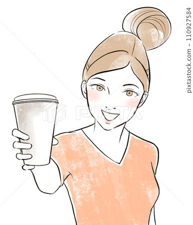 Stock Illustration: A woman in a pink shirt offering a drink Stock Illustration: A woman in a pink shirt offering a drink 110927584