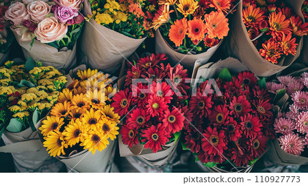 AI-generated content. Colorful flower bouquets at market, top view 110927773