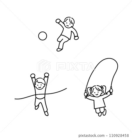 Illustration of energetic and smiling children exercising, monochrome line drawing 110928458