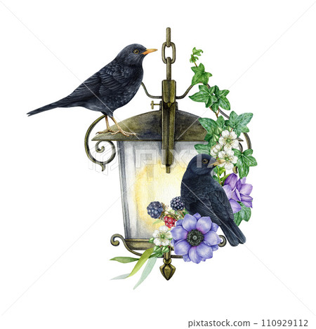 Vintage style metal lantern with garden flower decor. Watercolor illustration. Hand painted old garden lamp, floral decor, couple of blackbirds. Beautiful flowers on hanging lantern. White background 110929112