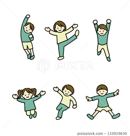 Color line drawing illustration of cheerful and smiling children in various poses 110929630