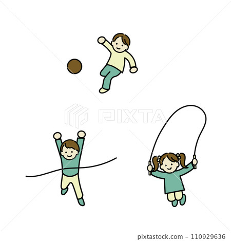 Illustration of energetic and smiling children exercising, color line drawing 110929636