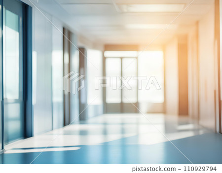 Light blurred background. The hall of an office or medical institution with panoramic windows and a perspective. 110929794
