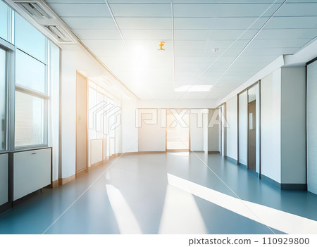 Light blurred background. The hall of an office or medical institution with panoramic windows and a perspective. Light blurred background. The hall of an office or medical institution with panoramic windows and a perspective. 110929800