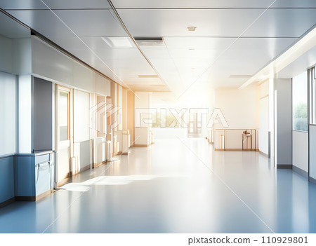 Light blurred background. The hall of an office or medical institution with panoramic windows and a perspective. Light blurred background. The hall of an office or medical institution with panoramic windows and a perspective. 110929801