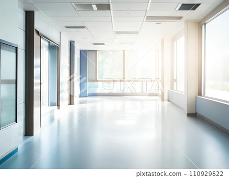 Light blurred background. The hall of an office or medical institution with panoramic windows and a perspective. Light blurred background. The hall of an office or medical institution with panoramic windows and a perspective. 110929822