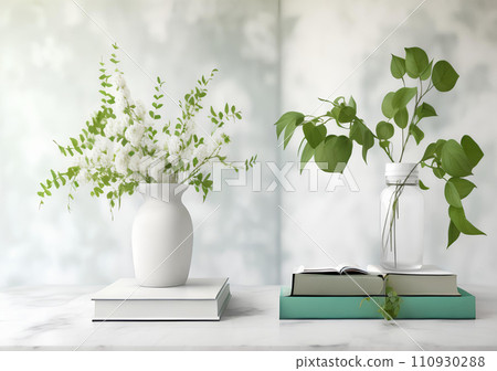 Green Branches in vase on table 110930288