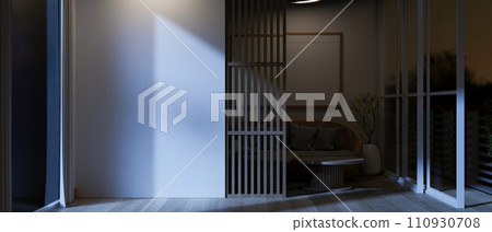 Interior design of a modern, minimalist living room at night with a white mockup wall and a balcony. Interior design of a modern, minimalist living room at night with a white mockup wall and a balcony. 110930708