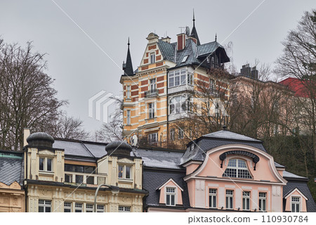 Karlovy Vary Karlsbad old historic spa town with hot springs in Bohemia Czech Republic 110930784