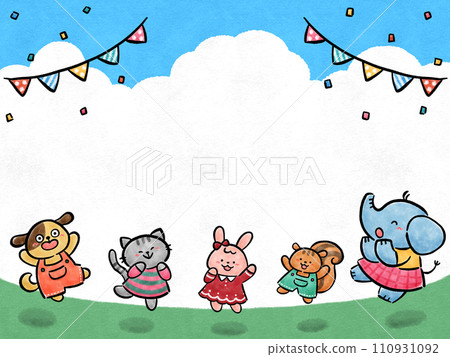 藍天白雲下奮力跳躍的動物手繪插畫素材背景 110931092