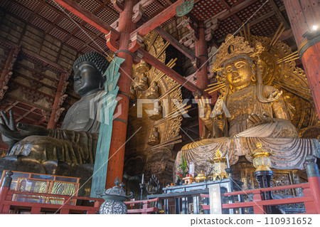 Todai-ji Daibutsuden Great Buddha Hall Historic Buddhist temple featuring a large Buddha statue in Nara, Japan 110931652