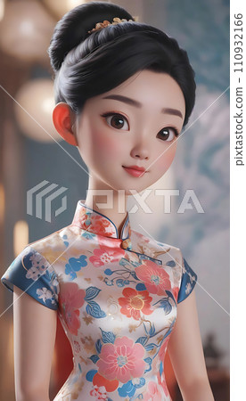 手绘卡通动漫穿着中式连衣裙的可爱女孩插画 110932166