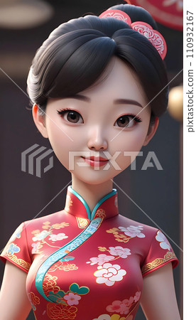 手绘卡通动漫穿着中式连衣裙的可爱女孩插画 110932167