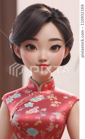 手绘卡通动漫穿着中式连衣裙的可爱女孩插画 110932169