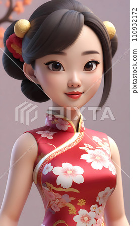 手绘卡通动漫穿着中式连衣裙的可爱女孩插画 110932172