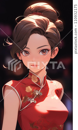 手绘卡通动漫穿着中式连衣裙的可爱女孩插画 110932175