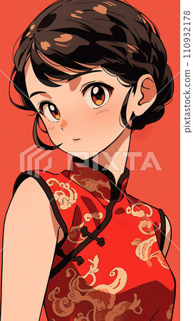 手绘卡通动漫穿着中式连衣裙的可爱女孩插画 110932178