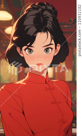 手绘卡通动漫穿着中式连衣裙的可爱女孩插画 110932182