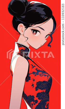 手绘卡通动漫穿着中式连衣裙的可爱女孩插画 110932183