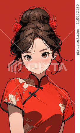 Hand drawn cartoon illustration of cute girl wearing Chinese dress 110932189