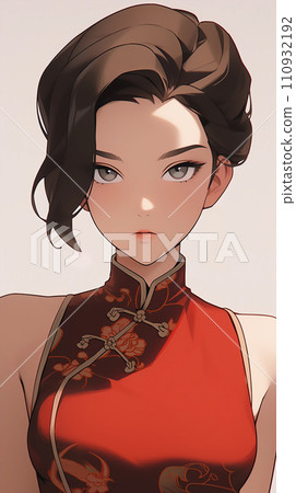 手绘卡通动漫穿着中式连衣裙的可爱女孩插画 110932192