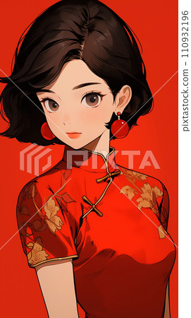 手绘卡通动漫穿着中式连衣裙的可爱女孩插画 110932196