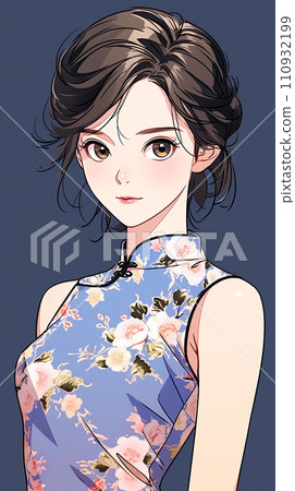 手绘卡通动漫穿着中式连衣裙的可爱女孩插画 110932199