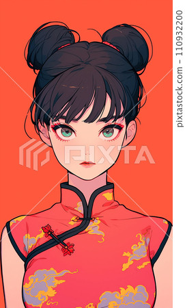 手绘卡通动漫穿着中式连衣裙的可爱女孩插画 110932200