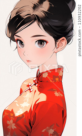 手绘卡通动漫穿着中式连衣裙的可爱女孩插画 110932202