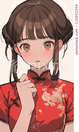 手绘卡通动漫穿着中式连衣裙的可爱女孩插画 110932204