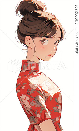 手绘卡通动漫穿着中式连衣裙的可爱女孩插画 110932205